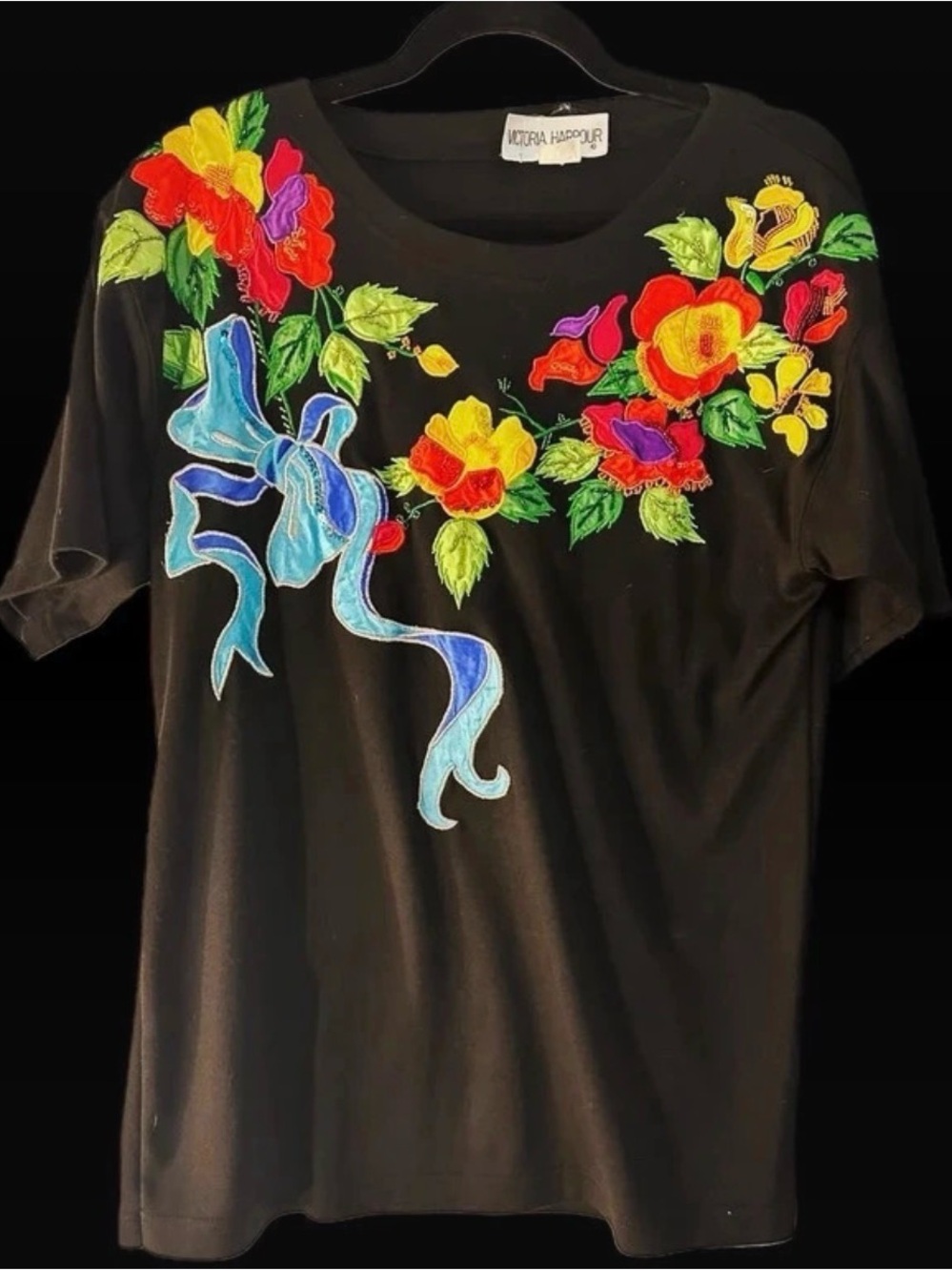 Victoria Haganor Black Embroidered Floral Tee with Blue Ribbon Accent
